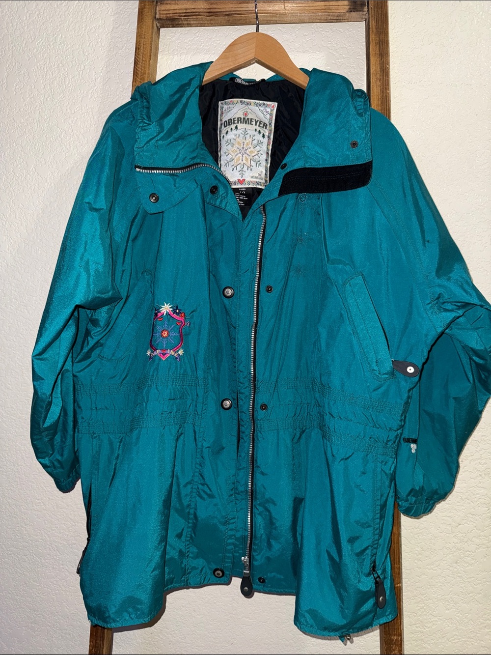 Vintage Obermeyer Teal Ski Jacket Women’s Oversized Hooded Winter Coat Retro 90s